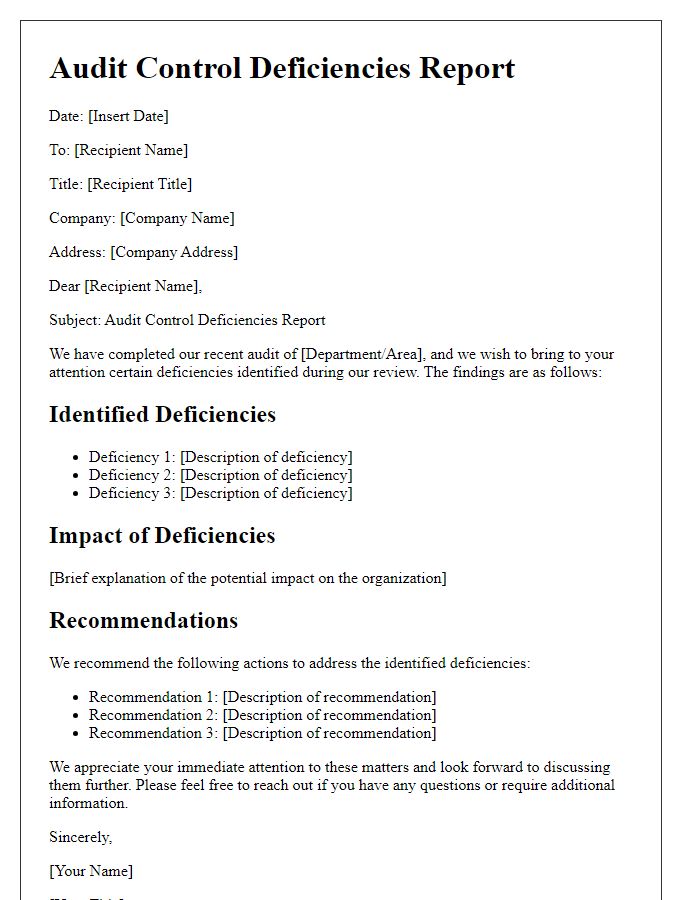 Letter template of audit control deficiencies report