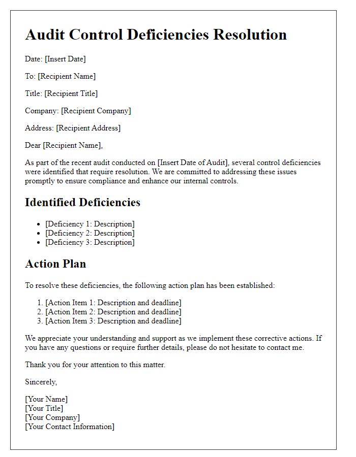 Letter template of audit control deficiencies resolution