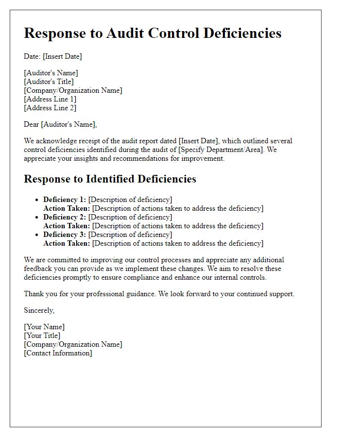 Letter template of audit control deficiencies response