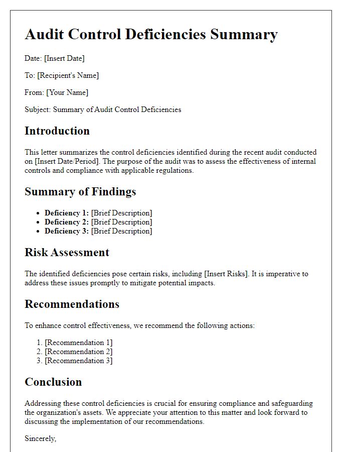 Letter template of audit control deficiencies summary