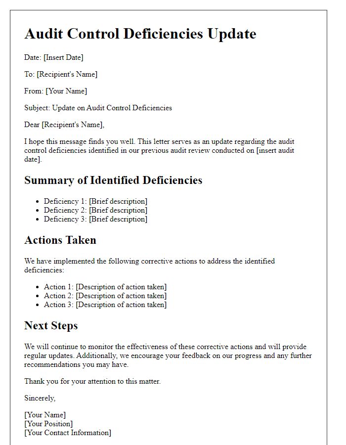 Letter template of audit control deficiencies update