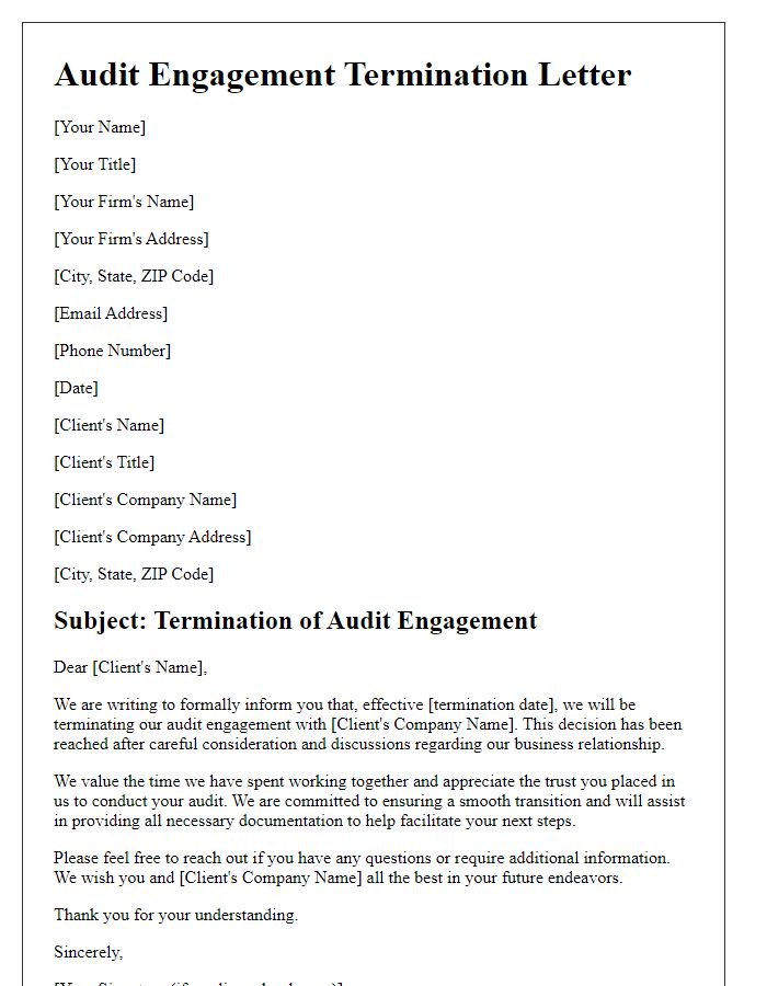 Letter template of formal audit engagement termination