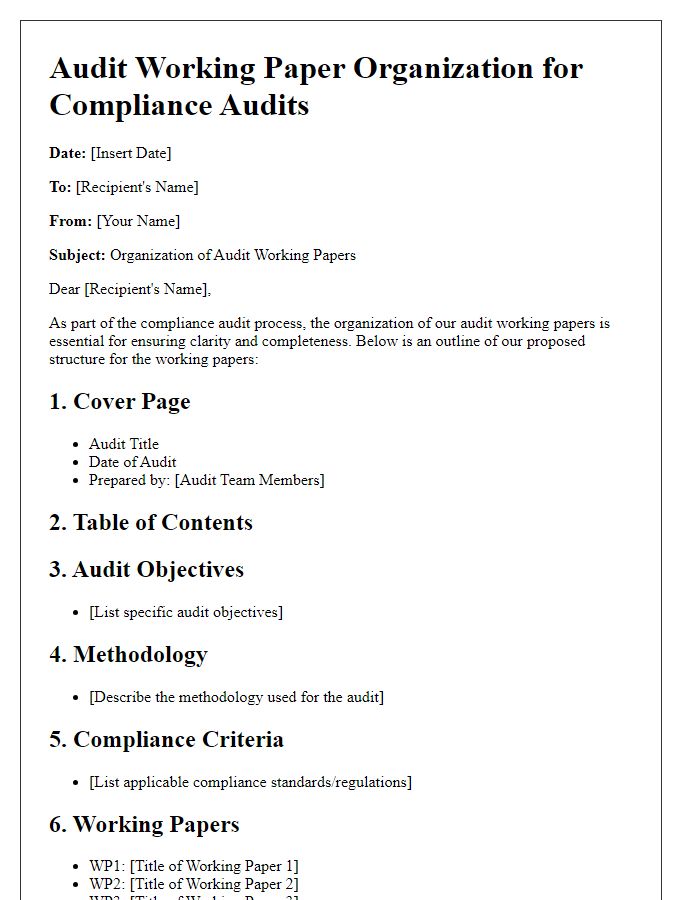 Letter template of audit working paper organization for compliance audits