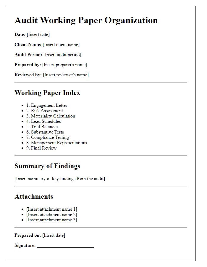 Letter template of audit working paper organization for external audits