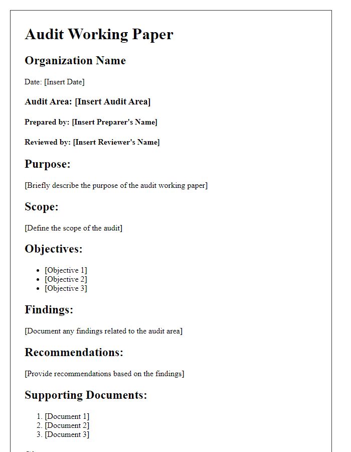 Letter template of audit working paper organization for financial audits