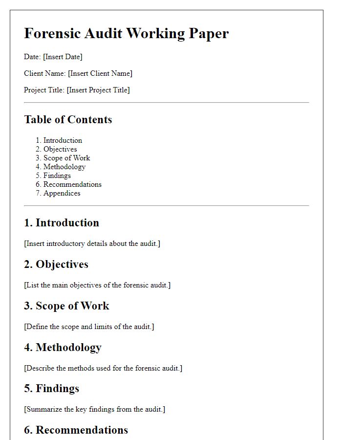 Letter template of audit working paper organization for forensic audits