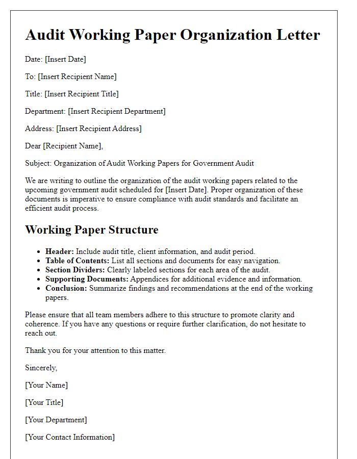 Letter template of audit working paper organization for government audits