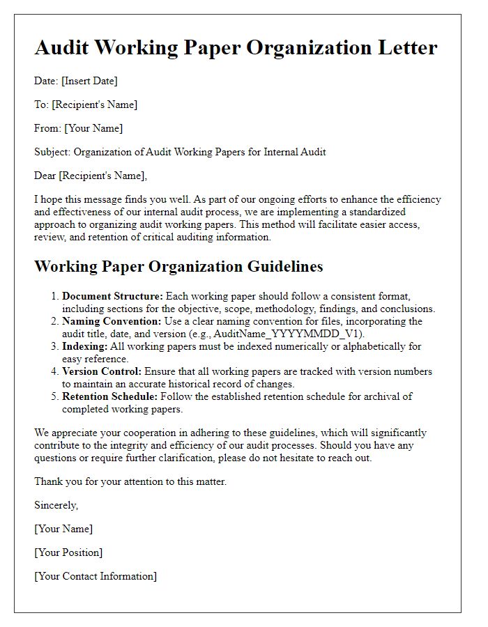 Letter template of audit working paper organization for internal audits