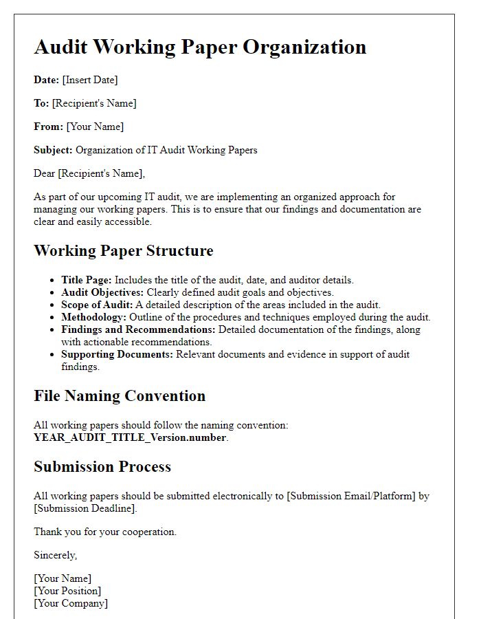 Letter template of audit working paper organization for IT audits