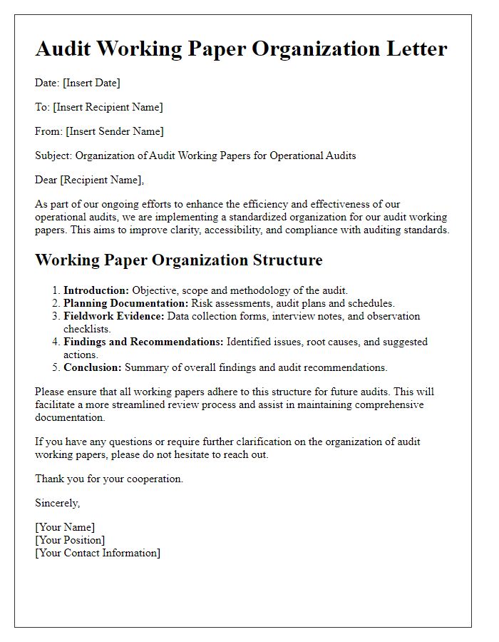 Letter template of audit working paper organization for operational audits