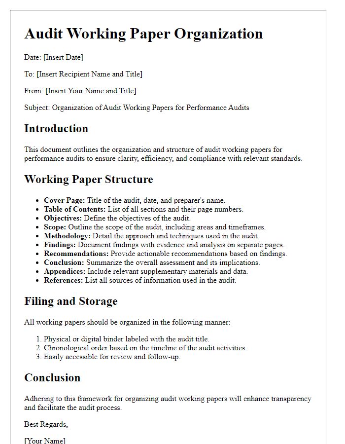 Letter template of audit working paper organization for performance audits