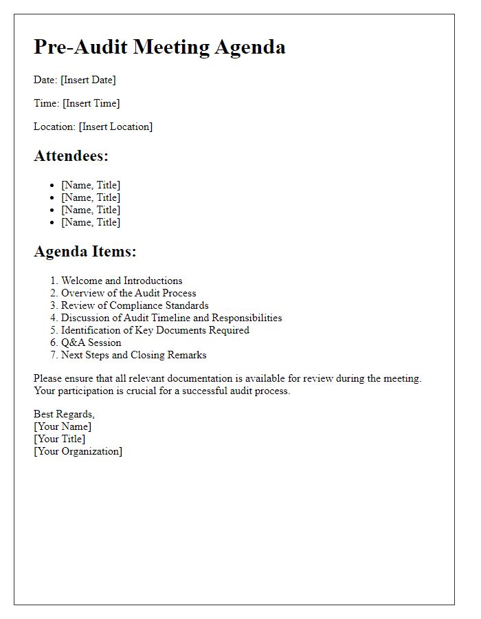 Letter template of pre-audit meeting agenda for compliance verification