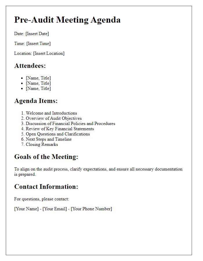 Letter template of pre-audit meeting agenda for financial oversight