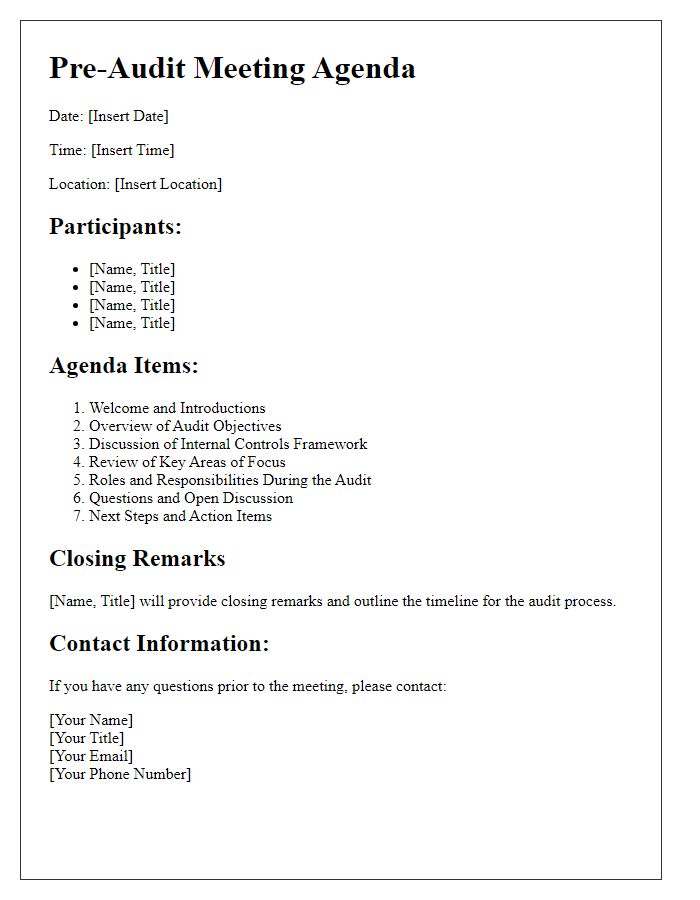 Letter template of pre-audit meeting agenda for internal controls evaluation