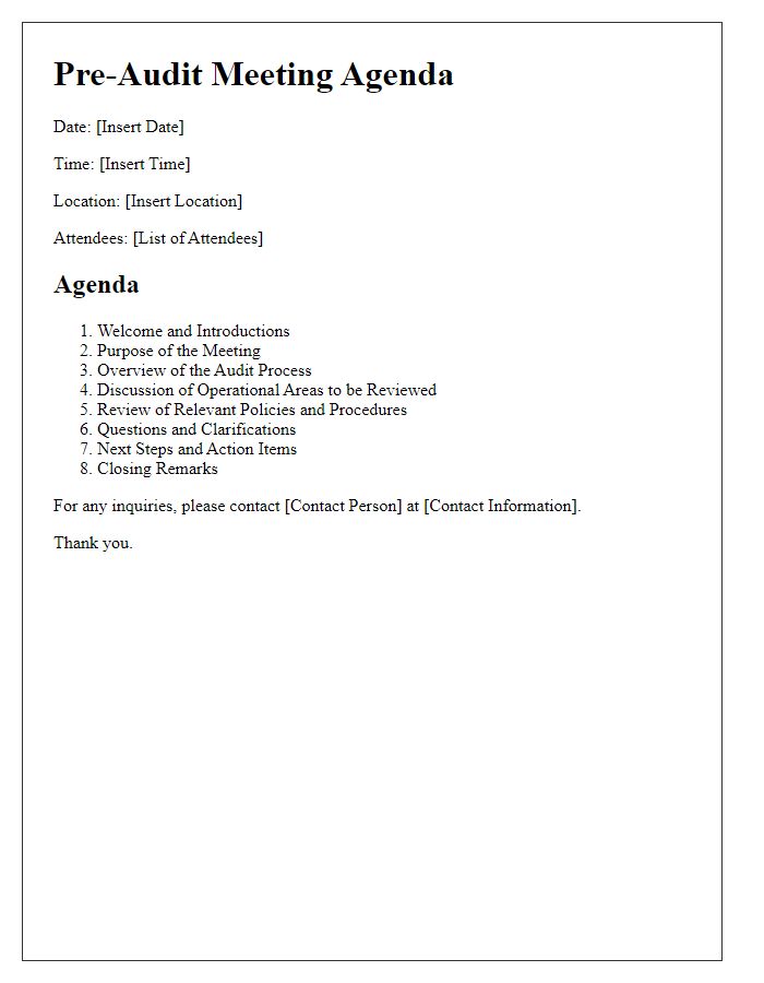 Letter template of pre-audit meeting agenda for operational review