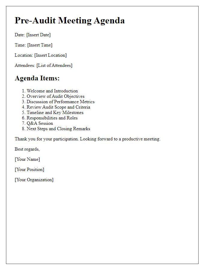 Letter template of pre-audit meeting agenda for performance measurement