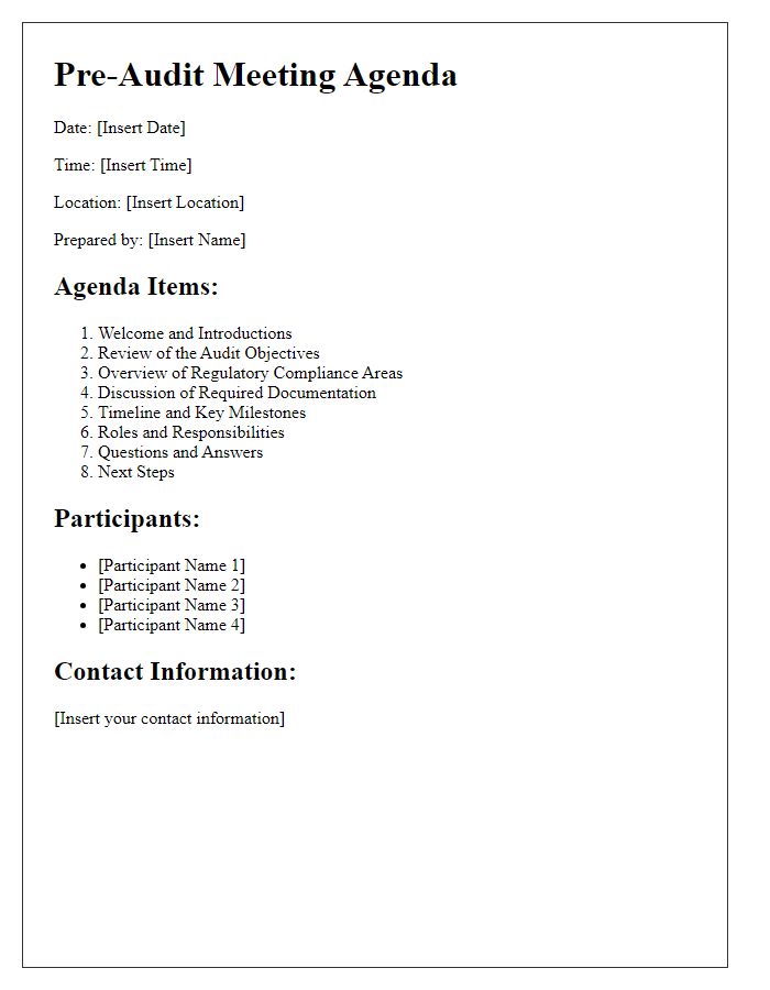 Letter template of pre-audit meeting agenda for regulatory compliance