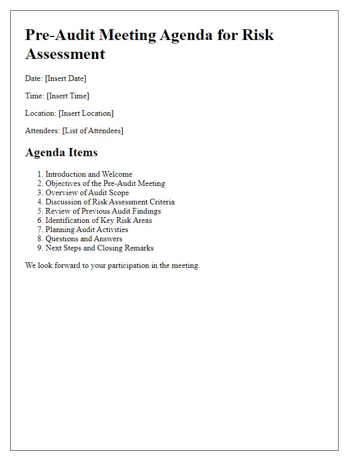 Letter template of pre-audit meeting agenda for risk assessment