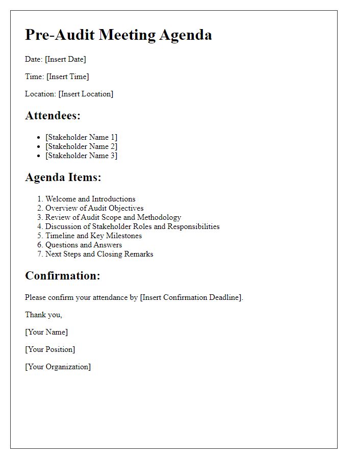 Letter template of pre-audit meeting agenda for stakeholder engagement