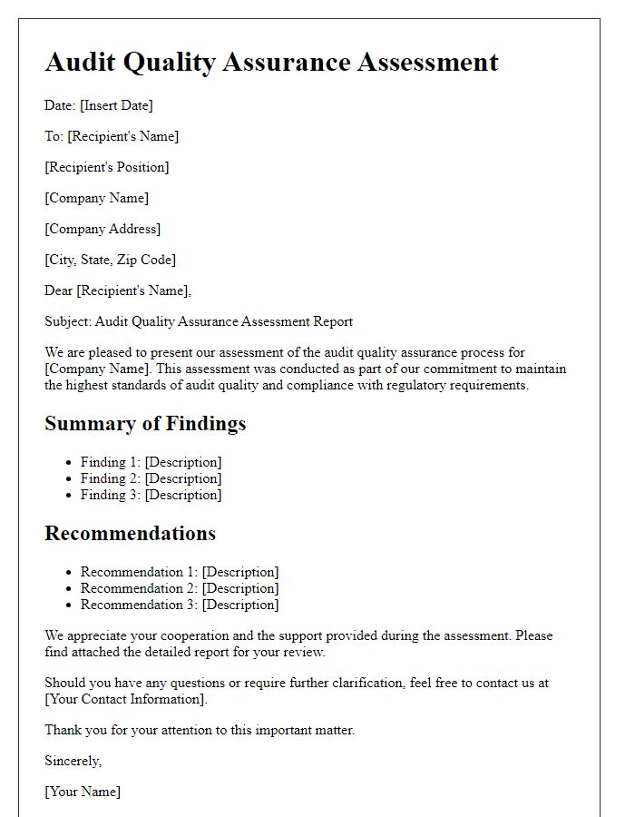 Letter template of audit quality assurance assessment