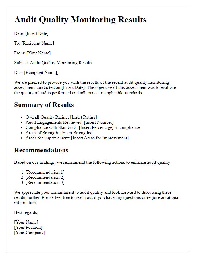 Letter template of audit quality monitoring results