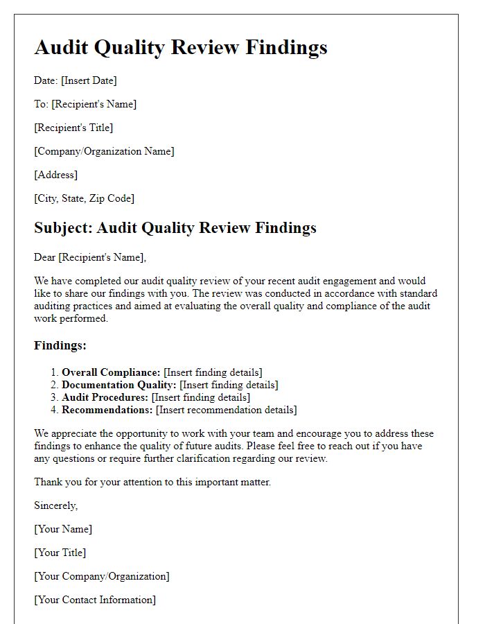 Letter template of audit quality review findings