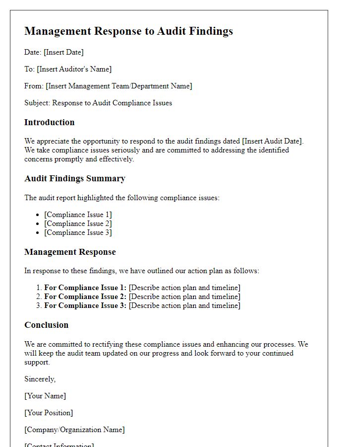 Letter template of audit management response addressing compliance issues.