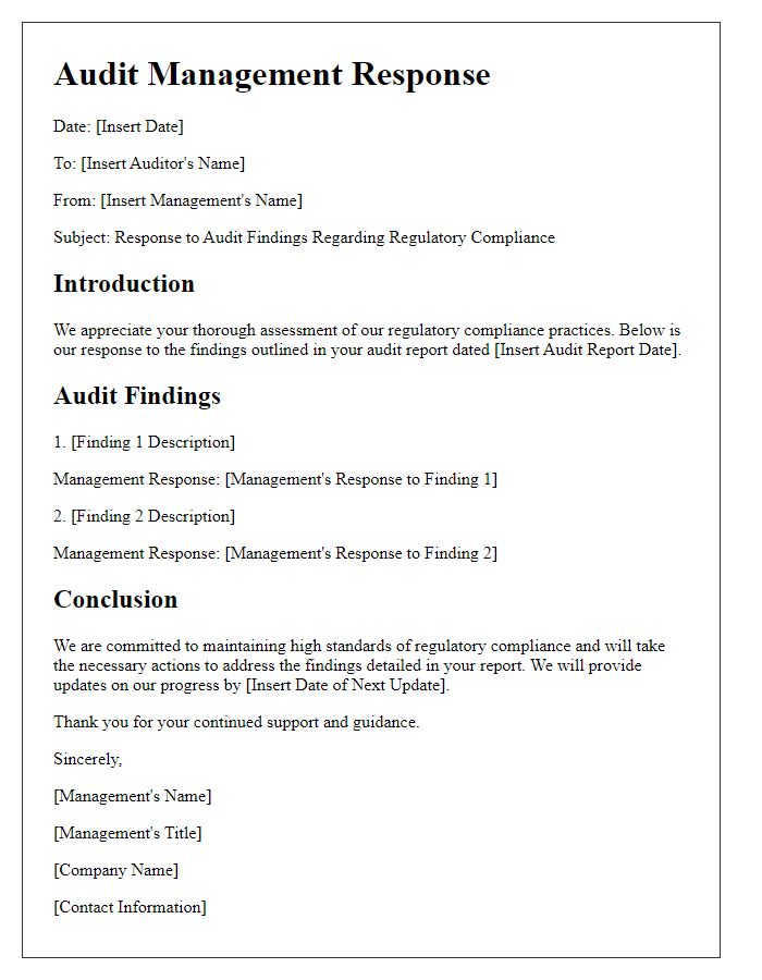 Letter template of audit management response concerning regulatory compliance.