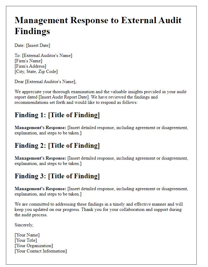 Letter template of audit management response to external audit findings.