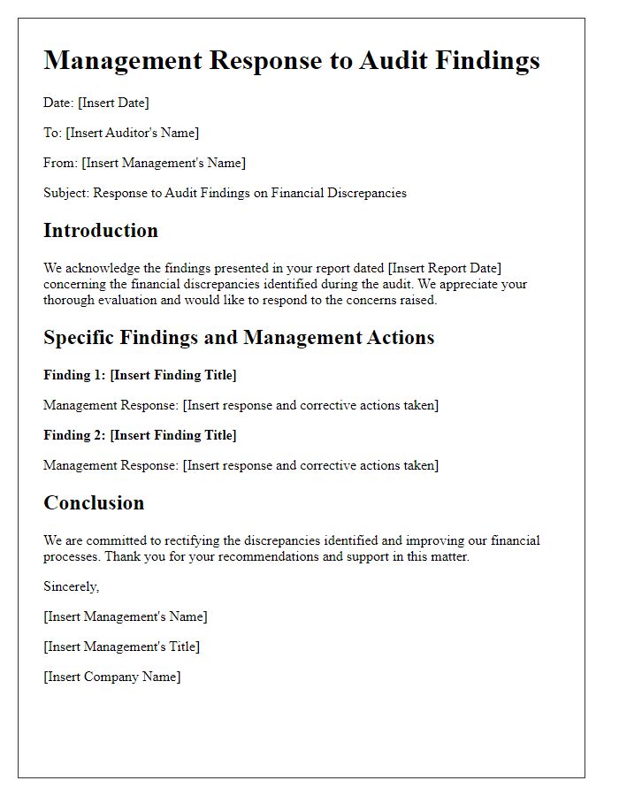 Letter template of audit management response for financial discrepancies.