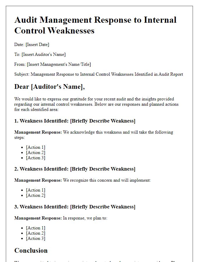 Letter template of audit management response to internal control weaknesses.