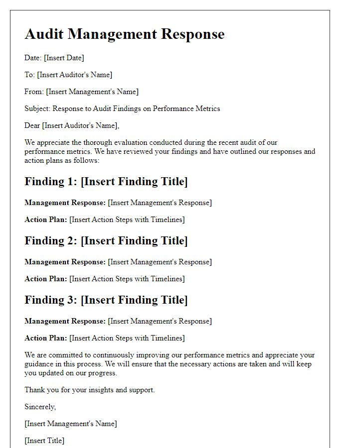 Letter template of audit management response on performance metrics.