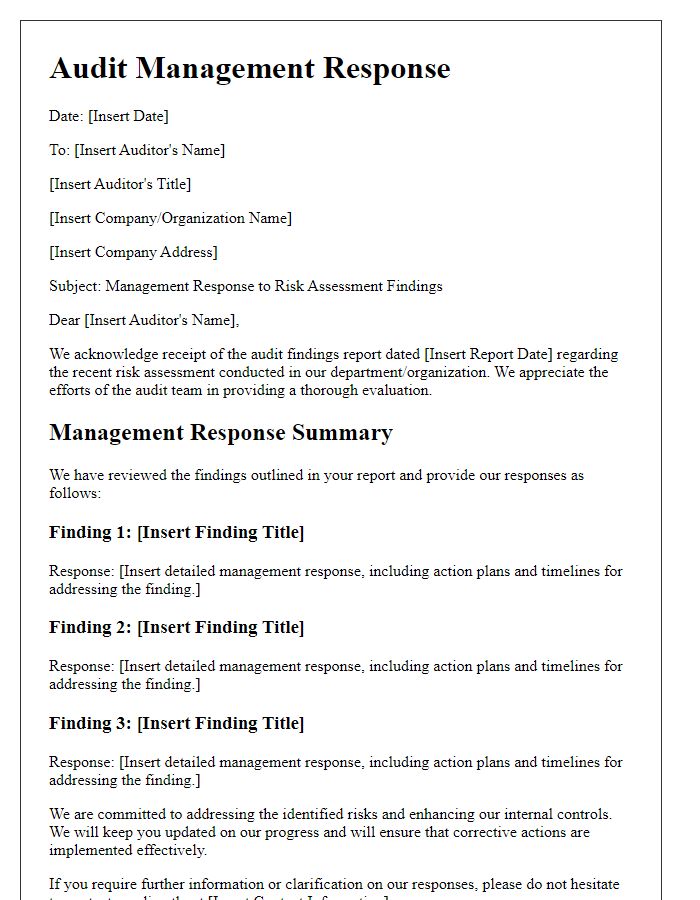 Letter template of audit management response for risk assessment findings.