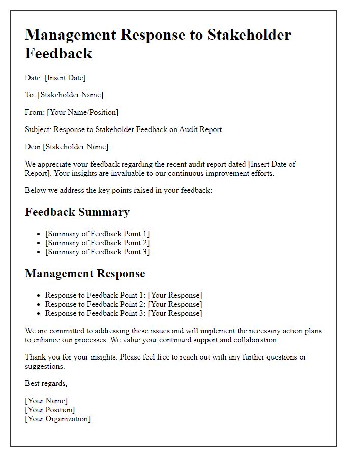 Letter template of audit management response for stakeholder feedback.