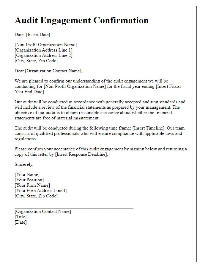 Letter template of audit engagement confirmation for non-profit organizations.