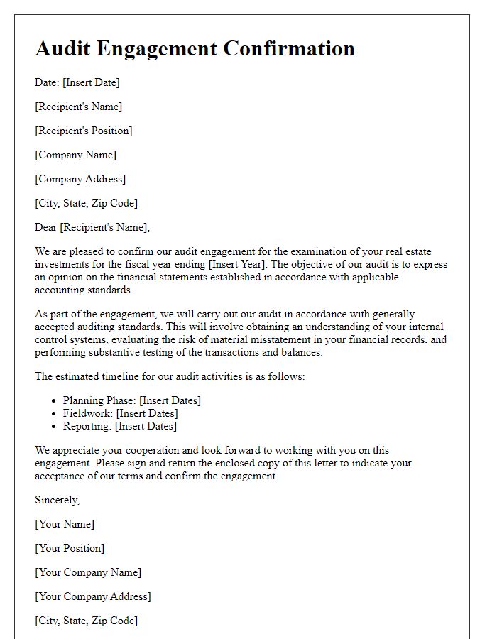 Letter template of audit engagement confirmation for real estate investments.