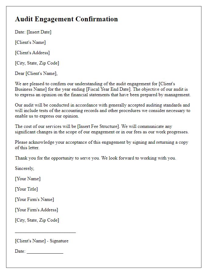 Letter template of audit engagement confirmation for small businesses.