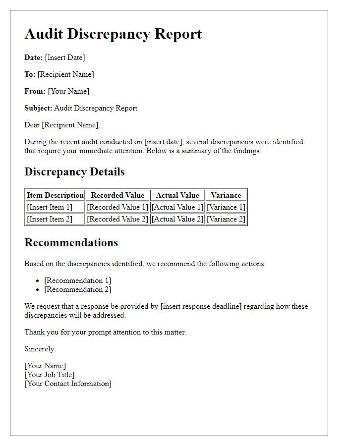 Letter template of audit discrepancy report