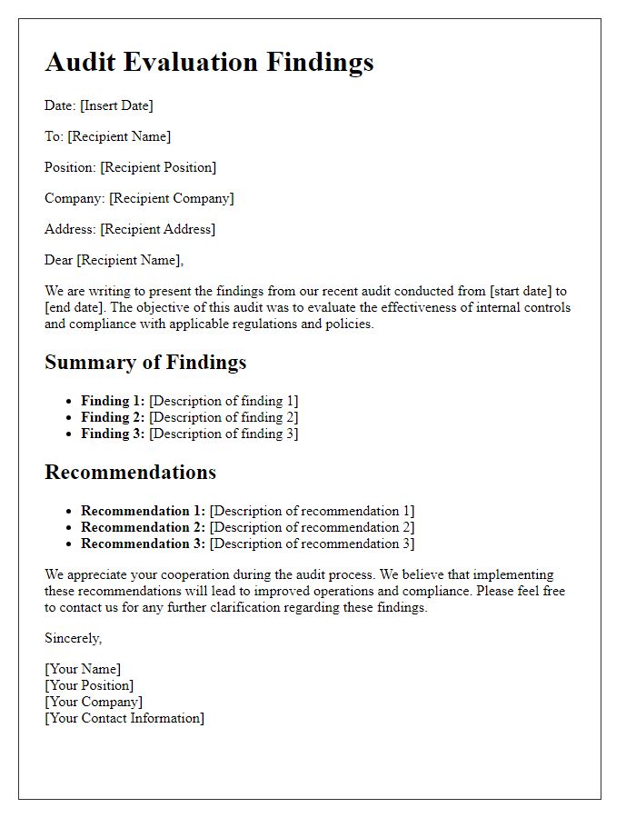 Letter template of audit evaluation findings