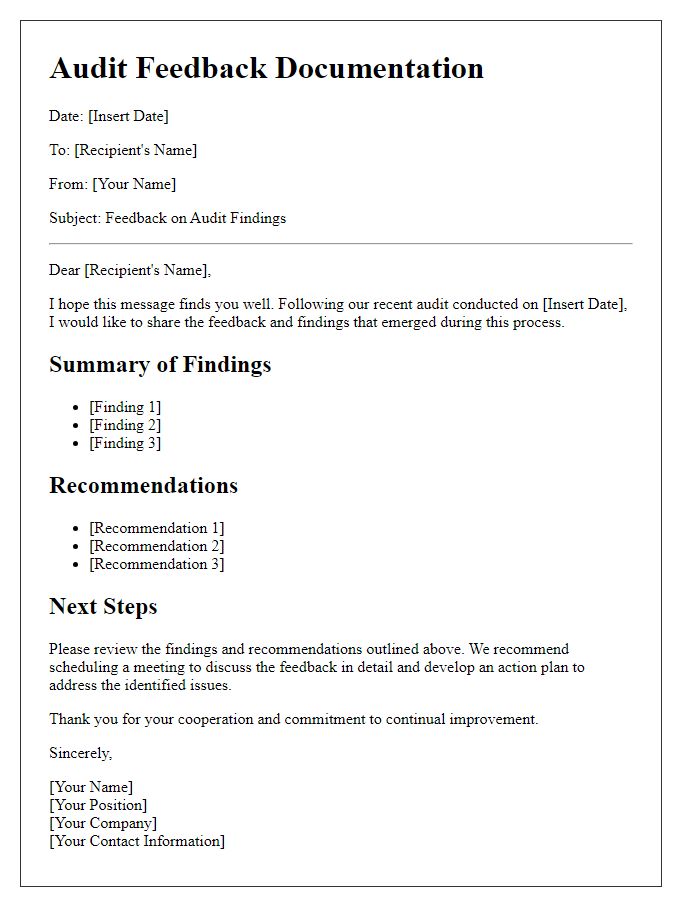 Letter template of audit feedback documentation