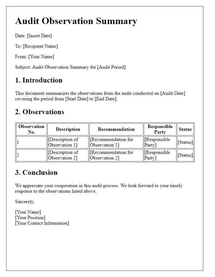 Letter template of audit observation summary