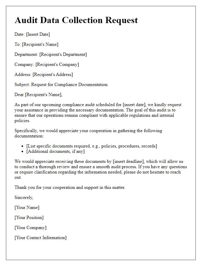 Letter template of audit data collection request for compliance documentation