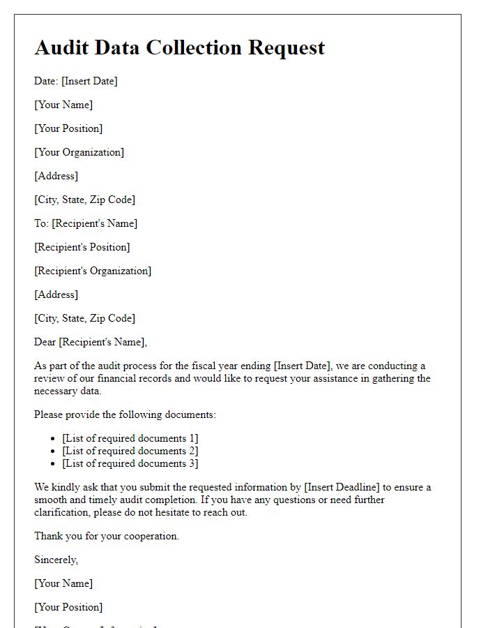 Letter template of audit data collection request for financial records