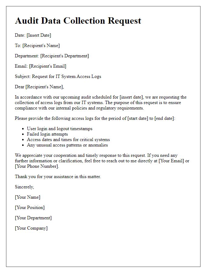 Letter template of audit data collection request for IT system access logs