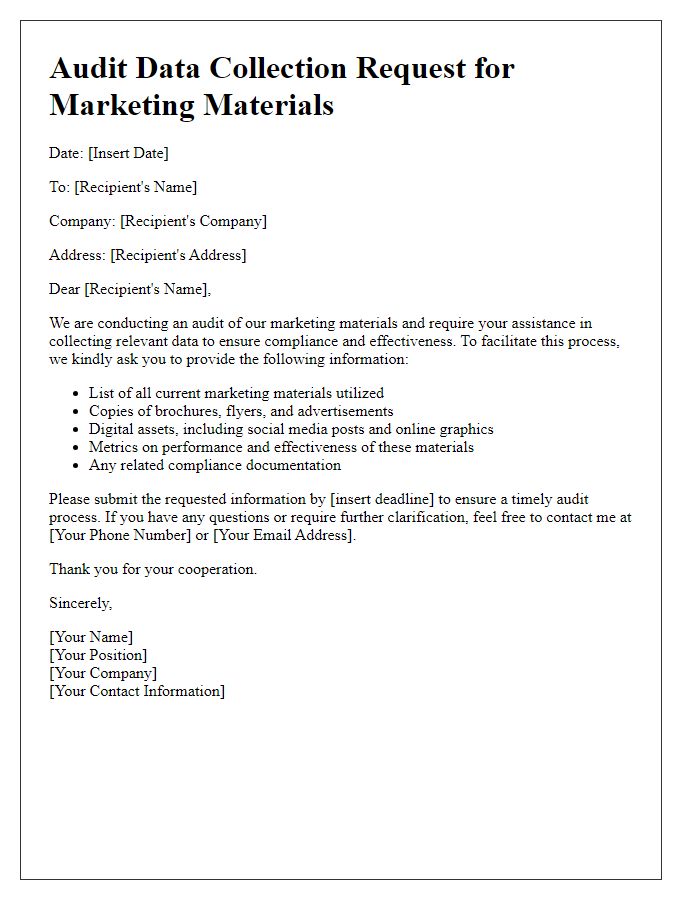 Letter template of audit data collection request for marketing materials