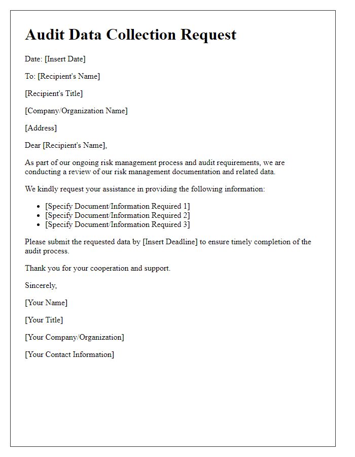 Letter template of audit data collection request for risk management documentation