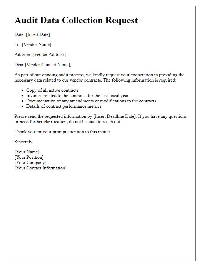 Letter template of audit data collection request for vendor contracts
