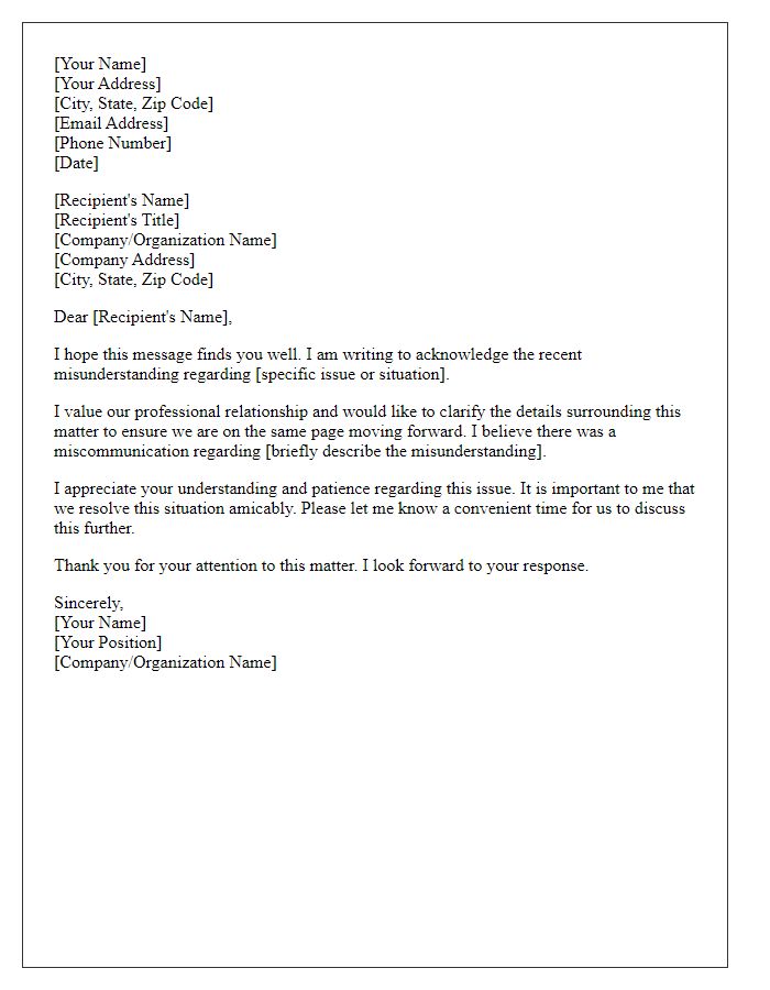 Letter template of acknowledgment for a professional misunderstanding.