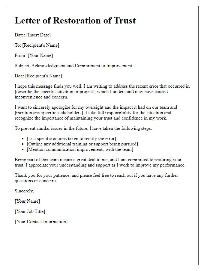 Letter template of restoration of trust after a work-related error.