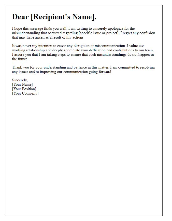 Letter template of sincere apology for work misunderstanding.